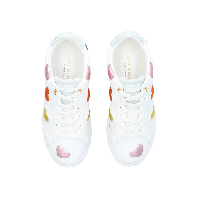 The
Lane Love sneaker is crafted from a cow leather in white with classic lace up
front. There are multiple textured leather hearts in multiple colours across
the upper. Sole height: 2.5cm.