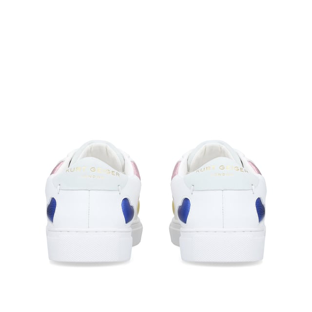 The
Lane Love sneaker is crafted from a cow leather in white with classic lace up
front. There are multiple textured leather hearts in multiple colours across
the upper. Sole height: 2.5cm.