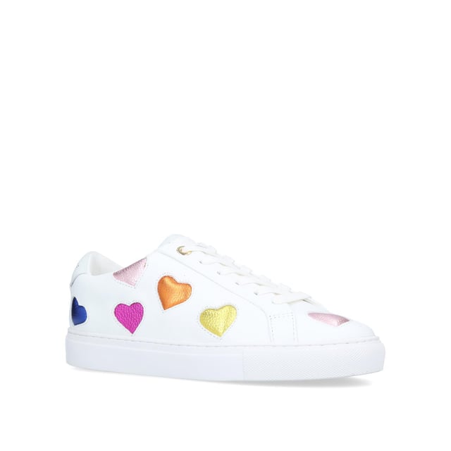 The
Lane Love sneaker is crafted from a cow leather in white with classic lace up
front. There are multiple textured leather hearts in multiple colours across
the upper. Sole height: 2.5cm.
