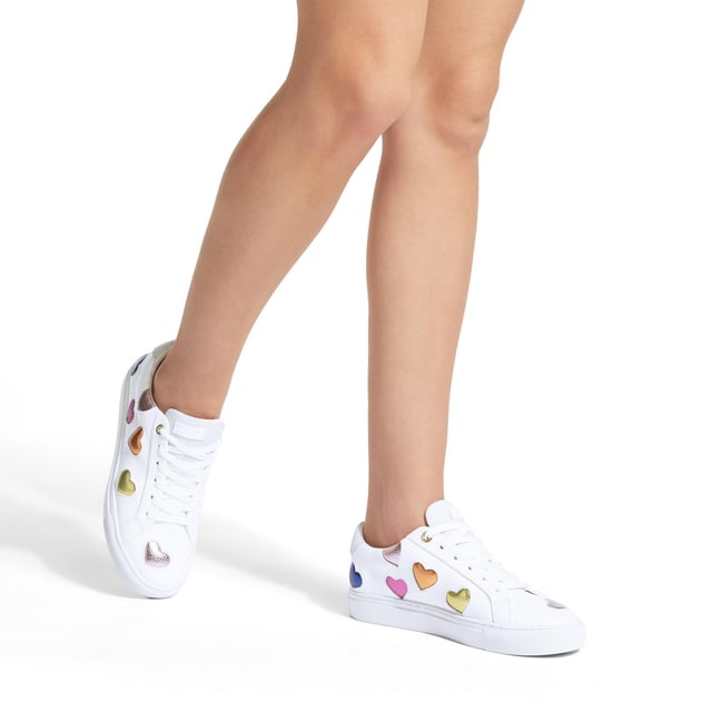 The
Lane Love sneaker is crafted from a cow leather in white with classic lace up
front. There are multiple textured leather hearts in multiple colours across
the upper. Sole height: 2.5cm.