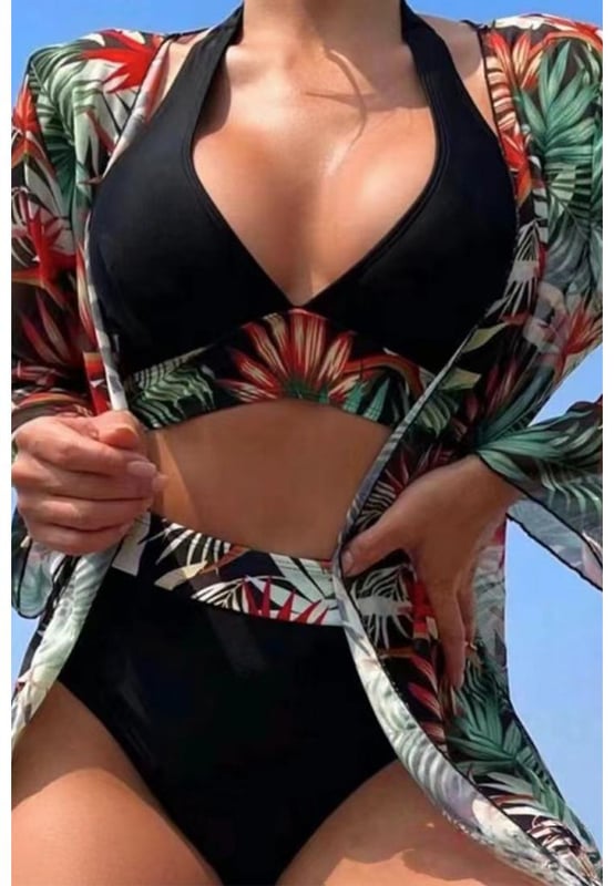 Three
  piece ensemble for versatile looks
  Lively and colorful tropical print
  Contrast trim detailing adds a stylish and modern element
  Halter neck design provides lift and support for the bust
  Available in various sizes according to the size chart provided
Material: 100% Polyester
