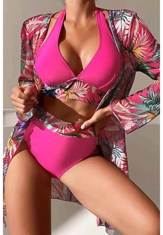 Three
  piece ensemble offering versatility and options for different looks
  Lively and colorful tropical print for a tropical paradise vibe
  Contrast trim detailing for a stylish and modern element
  Halter neck design for adjustable fit and lift and support for the bust
  Perfect for updating your wardrobe with various styles
Material: 100% Polyester