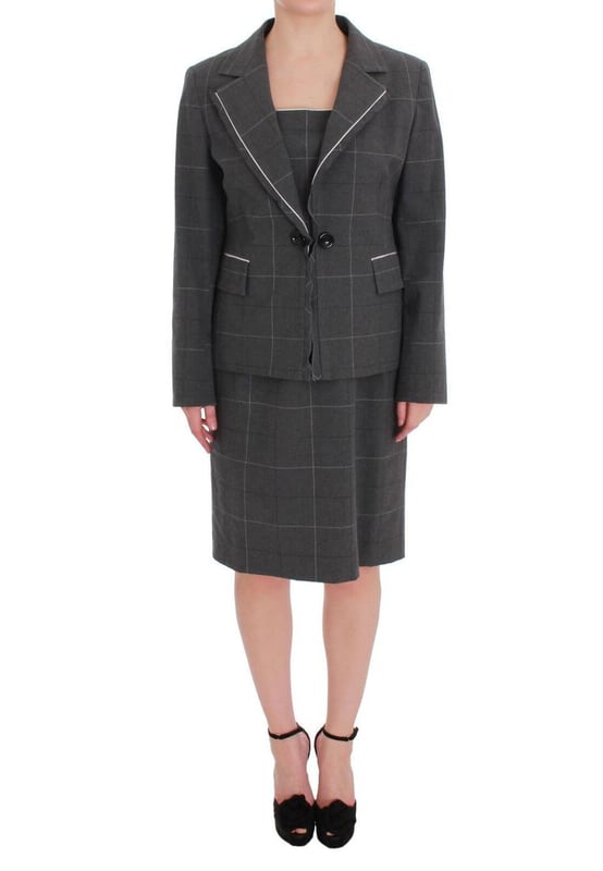 Brand: BENCIVENGA
  Model: Two piece suit; blazer and dress
  Color: Gray checkered
  Material: 80% Cotton 20% Viscose
  Blazer: One button closure single breasted
  Dress: Full zipper closure on the back
  Fully lined
  Logo details
  Made in Italy