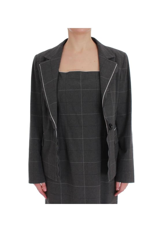 Brand: BENCIVENGA
  Model: Two piece suit; blazer and dress
  Color: Gray checkered
  Material: 80% Cotton 20% Viscose
  Blazer: One button closure single breasted
  Dress: Full zipper closure on the back
  Fully lined
  Logo details
  Made in Italy