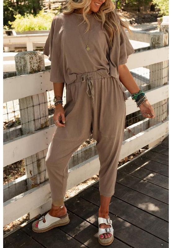 Soft and stretchy material for all
  day comfort
  Relaxed and loose fit for ultimate boho style
  Slouchy swingy top with dropped shoulders and loose short sleeves
  High
  low bottom edge on top
  Matching high
  rise pants with elastic drawstring waistband
  Dropped crotch and exposed seams on pants
  Casual and fashionable
  Please refer to size chart for accurate sizing