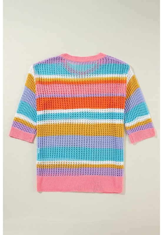 Tシャツ・カットソー HUECLOSET COSY COLLAR STRIPE KNIT 4BTR934 Pink Stripe Colorblock Hollowed Crochet 3/4 Sleeve Sweater