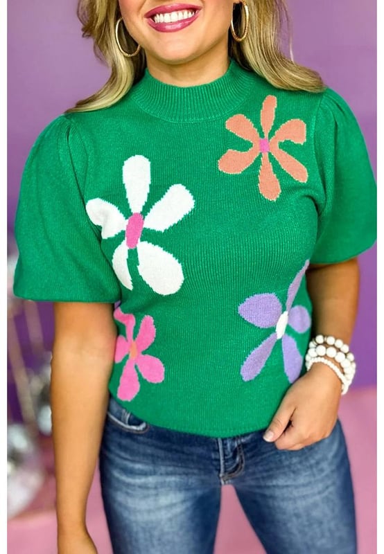 Bright green floral bubble short sleeve sweater
  Delicate floral pattern adds a playful element
  Bubble sleeve design gives it a unique and graceful look
  Made from lightweight breathable fabric
  Versatile and stylish pairs well with jeans or a skirt
  Check out our size chart for a perfect fit
Material: 50% Viscose 28% Polyester 22% Polyamide