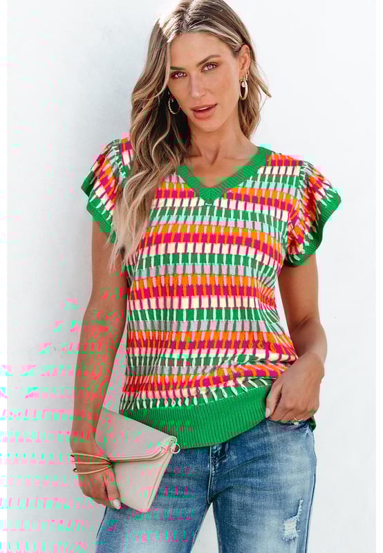 Our styles are designed with a trendy fitted look in mind following an international size standard. For the best fit we suggest choosing one size up from your usual. Be sure to check our sizing chart to find your perfect match!
  Vibrant multicolor silhouette
  Graceful flutter sleeves
  V
  neckline highlights collarbones
  Suitable for different body shapes
  High elasticity
Material: 50% Viscose 28% Polyester 22% Polyamide
