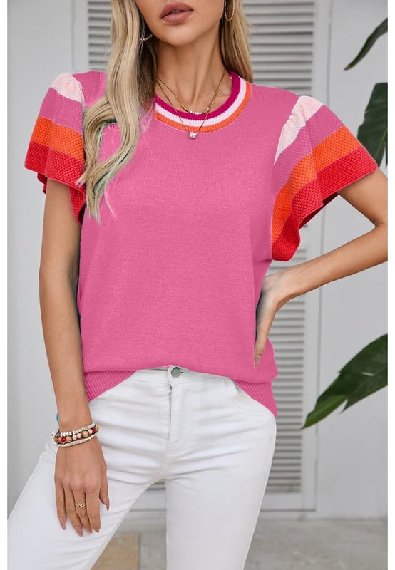 Our styles are designed with a trendy fitted look in mind following an international size standard. For the best fit we suggest choosing one size up from your usual. Be sure to check our sizing chart to find your perfect match!
  Bright pink knitted sweater T
  shirt
  Contrast flutter sleeves
  Contrast crew neck
  Relaxed fit for different shapes
  Suitable for warm weather
  Chic style for all seasons
  High elasticity
Material: 50% Viscose 28% Polyester 22% Polyamide