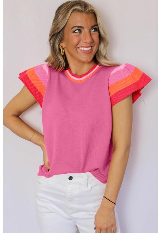Our styles are designed with a trendy fitted look in mind following an international size standard. For the best fit we suggest choosing one size up from your usual. Be sure to check our sizing chart to find your perfect match!
  Bright pink knitted sweater T
  shirt
  Contrast flutter sleeves
  Contrast crew neck
  Relaxed fit for different shapes
  Suitable for warm weather
  Chic style for all seasons
  High elasticity
Material: 50% Viscose 28% Polyester 22% Polyamide