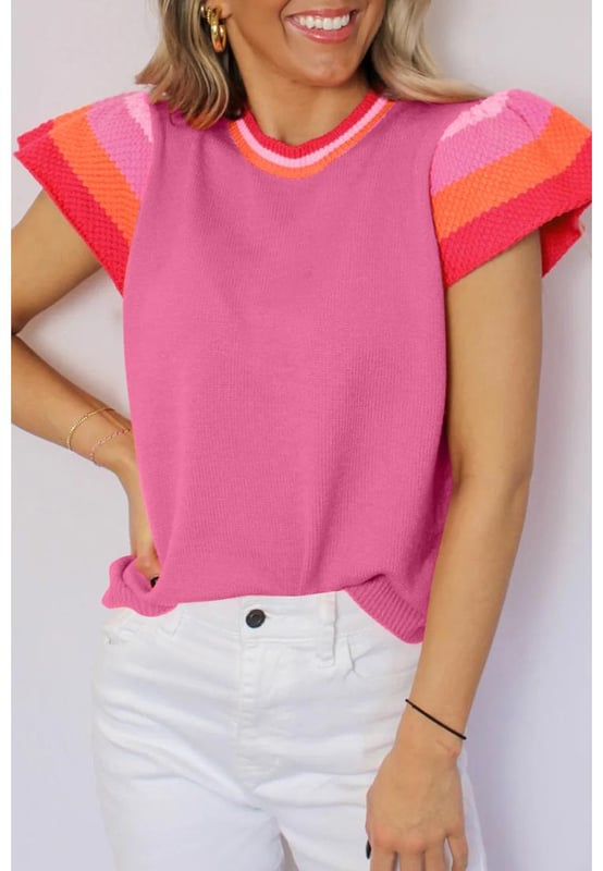 Our styles are designed with a trendy fitted look in mind following an international size standard. For the best fit we suggest choosing one size up from your usual. Be sure to check our sizing chart to find your perfect match!
  Bright pink knitted sweater T
  shirt
  Contrast flutter sleeves
  Contrast crew neck
  Relaxed fit for different shapes
  Suitable for warm weather
  Chic style for all seasons
  High elasticity
Material: 50% Viscose 28% Polyester 22% Polyamide