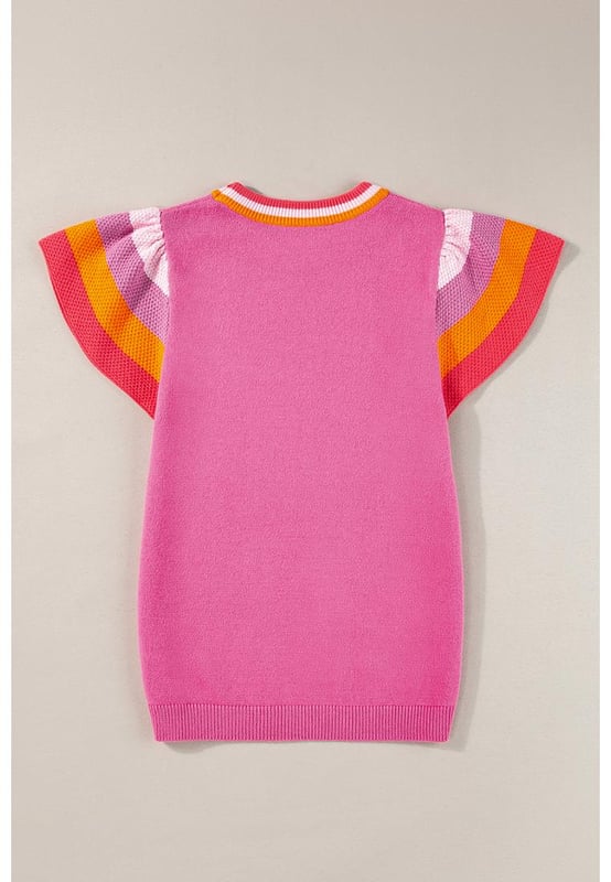 Our styles are designed with a trendy fitted look in mind following an international size standard. For the best fit we suggest choosing one size up from your usual. Be sure to check our sizing chart to find your perfect match!
  Bright pink knitted sweater T
  shirt
  Contrast flutter sleeves
  Contrast crew neck
  Relaxed fit for different shapes
  Suitable for warm weather
  Chic style for all seasons
  High elasticity
Material: 50% Viscose 28% Polyester 22% Polyamide