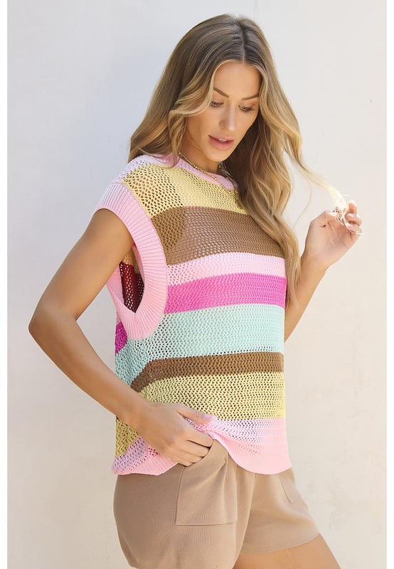 Our styles are designed with a trendy fitted look in mind following an international size standard. For the best fit we suggest choosing one size up from your usual. Be sure to check our sizing chart to find your perfect match!
  Pink Stripe Crochet Cap Sleeve Loose Fit Sweater T
  Shirt
  Bold crochet silhouette with eye
  catching striped pattern
  Relaxed fit for comfort and versatility
  Cap sleeve design
  Ideal for a romantic touch to your outfit
  Available in various sizes (S M L XL)
  High elasticity for a flexible fit
Material: 100% Viscose