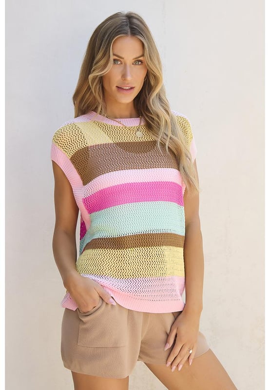 Our styles are designed with a trendy fitted look in mind following an international size standard. For the best fit we suggest choosing one size up from your usual. Be sure to check our sizing chart to find your perfect match!
  Pink Stripe Crochet Cap Sleeve Loose Fit Sweater T
  Shirt
  Bold crochet silhouette with eye
  catching striped pattern
  Relaxed fit for comfort and versatility
  Cap sleeve design
  Ideal for a romantic touch to your outfit
  Available in various sizes (S M L XL)
  High elasticity for a flexible fit
Material: 100% Viscose