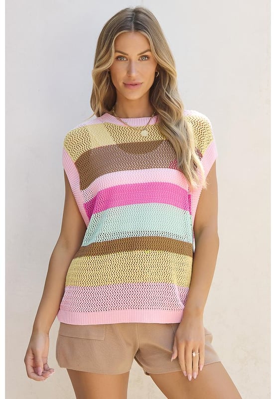 Our styles are designed with a trendy fitted look in mind following an international size standard. For the best fit we suggest choosing one size up from your usual. Be sure to check our sizing chart to find your perfect match!
  Pink Stripe Crochet Cap Sleeve Loose Fit Sweater T
  Shirt
  Bold crochet silhouette with eye
  catching striped pattern
  Relaxed fit for comfort and versatility
  Cap sleeve design
  Ideal for a romantic touch to your outfit
  Available in various sizes (S M L XL)
  High elasticity for a flexible fit
Material: 100% Viscose