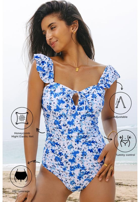 Our styles are designed with a trendy fitted look in mind following an international size standard. For the best fit we suggest choosing one size up from your usual. Be sure to check our sizing chart to find your perfect match!
  Vibrant blue floral print
  Ruffled straps
  Hollow
  out front design
  Lace
  up detail
  Available in sizes S to XL
  High elasticity for a comfortable fit
Material: 85% Polyester 15% Elastane