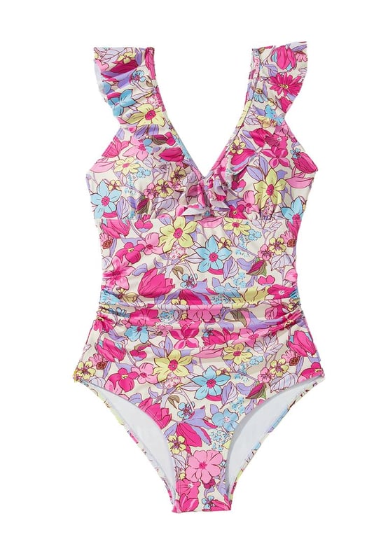 Our styles are designed with a trendy fitted look in mind following an international size standard. For the best fit we suggest choosing one size up from your usual. Be sure to check our sizing chart to find your perfect match!
  One
  piece swimsuit
  Pink floral design
  V neckline with ruffle details
  Lace
  up tie at the back
  Tummy control feature
  High stretch material
  Classic bum coverage