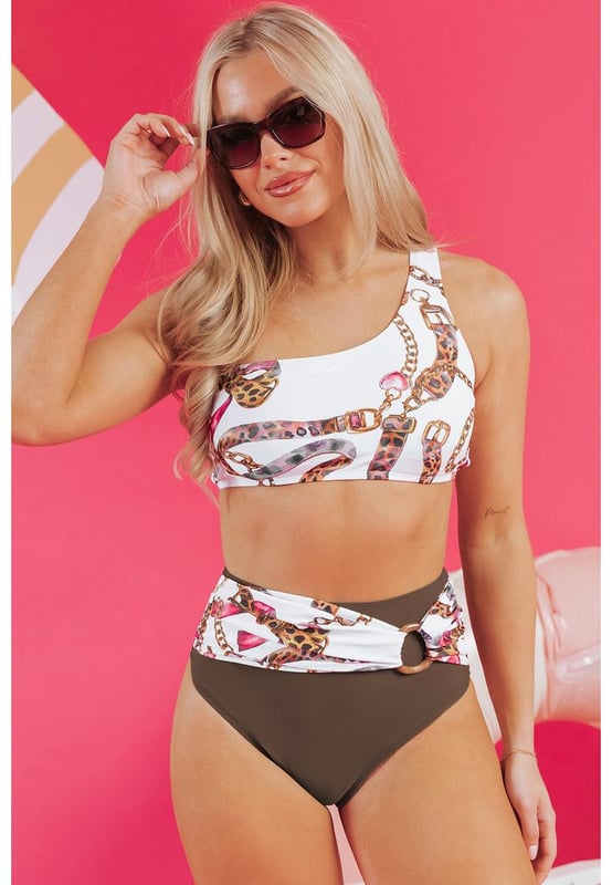 Our styles are designed with a trendy fitted look in mind following an international size standard. For the best fit we suggest choosing one size up from your usual. Be sure to check our sizing chart to find your perfect match!
  Khaki abstract print
  One
  shoulder top
  Ring
  linked design
  High
  waist bikini bottom for tummy control
  Asymmetric look with patchwork bottoms
  Bold patterns for a statement beach look
Material: 82% Polyamide 18% Elastane