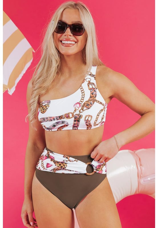 Our styles are designed with a trendy fitted look in mind following an international size standard. For the best fit we suggest choosing one size up from your usual. Be sure to check our sizing chart to find your perfect match!
  Khaki abstract print
  One
  shoulder top
  Ring
  linked design
  High
  waist bikini bottom for tummy control
  Asymmetric look with patchwork bottoms
  Bold patterns for a statement beach look
Material: 82% Polyamide 18% Elastane