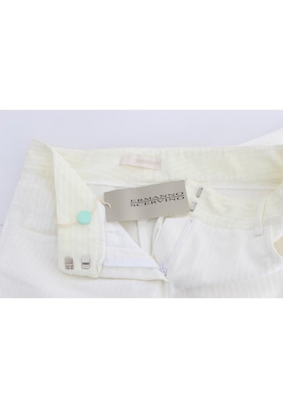Brand: ERMANNO SCERVINO
  Condition: New with tags
  Fit: Straight fit
  Color: White striped
  Material: 98% Cotton 2% LY
  Fly: Zipper fly
  Pockets: Two front and two back pockets
  Details: Logo details
  Origin: Made in Italy