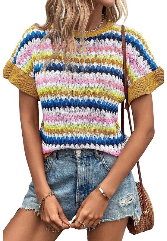 Patrón multicolor  
Diseño de cuello redondo  
Mangas con volantes recortados  
Textura de punto  
Cálido y cómodo  
A la moda y femenino  
Perfecto para temporadas más frías  
Opciones diversas disponibles en nuestra colección de suéteres para envío directo  
Consulta la tabla de tallas para un ajuste perfecto  
Material: 100% Viscosa