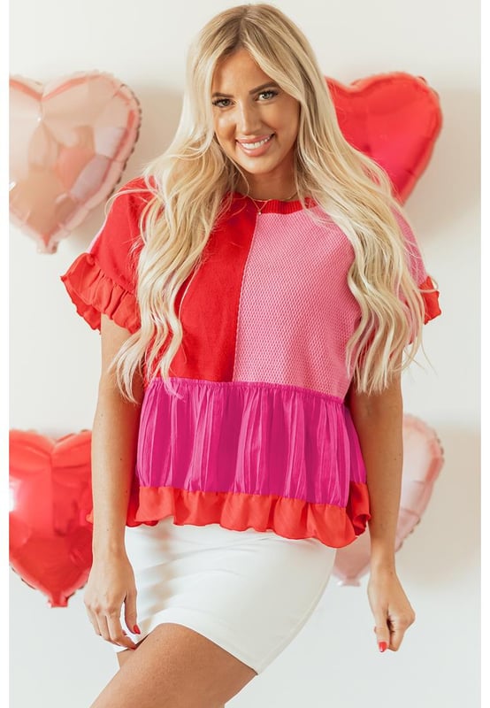 Our styles are designed with a trendy fitted look in mind following an international size standard. For the best fit we suggest choosing one size up from your usual. Be sure to check our sizing chart to find your perfect match!
  Tomato Red Mix Knitted Patchwork Ruffle Trim Loose Sweater
  Crew neck design for ease of movement
  Mix of patchwork patterns for a standout look
  Cozy knitted fabric
  Delicate ruffle trim detailing
Material: 55% Acrylic 45% Cotton