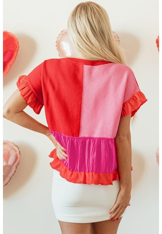 Our styles are designed with a trendy fitted look in mind following an international size standard. For the best fit we suggest choosing one size up from your usual. Be sure to check our sizing chart to find your perfect match!
  Tomato Red Mix Knitted Patchwork Ruffle Trim Loose Sweater
  Crew neck design for ease of movement
  Mix of patchwork patterns for a standout look
  Cozy knitted fabric
  Delicate ruffle trim detailing
Material: 55% Acrylic 45% Cotton