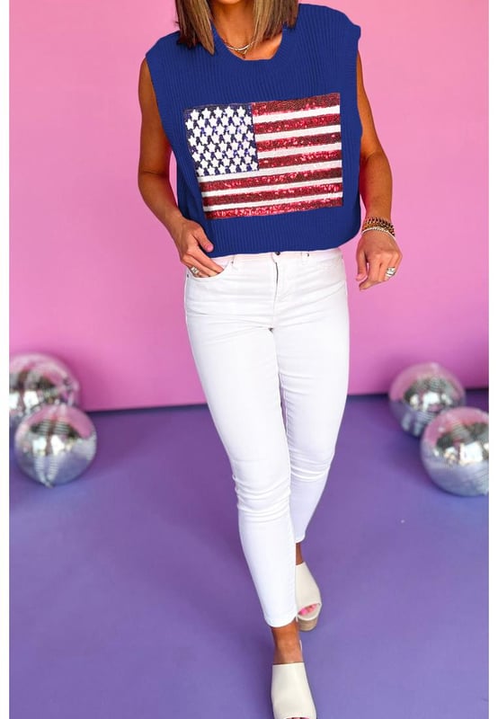 Bluing Sparkling American Flag Knitted Vest
  Solid color with outstanding USA flag on the front
  Knitted fabric for breathability and elegance
  Perfect for July 4th celebration
  Versatile can be matched with both pants and skirts
  Fashionable and eye
  catching dropship sweater vests with graphics available
  Refer to size chart for perfect fit
Material: 50% Viscose 28% Polyester 22% Polyamide