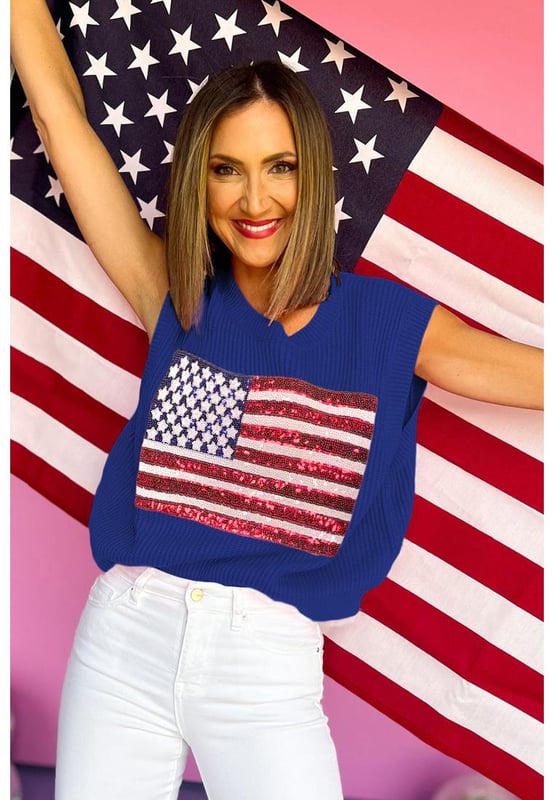 Bluing Sparkling American Flag Knitted Vest
  Solid color with outstanding USA flag on the front
  Knitted fabric for breathability and elegance
  Perfect for July 4th celebration
  Versatile can be matched with both pants and skirts
  Fashionable and eye
  catching dropship sweater vests with graphics available
  Refer to size chart for perfect fit
Material: 50% Viscose 28% Polyester 22% Polyamide