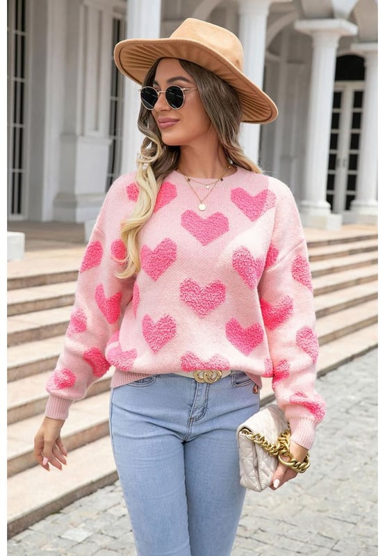 Light Pink Valentine?? Day Heart Jacquard Knit Sweater
  Made from high
  quality materials
  Soft comfortable and warm
  Jacquard knit pattern with a beautiful heart design
  Suitable for all genders
  Can be dressed up or down for any occasion