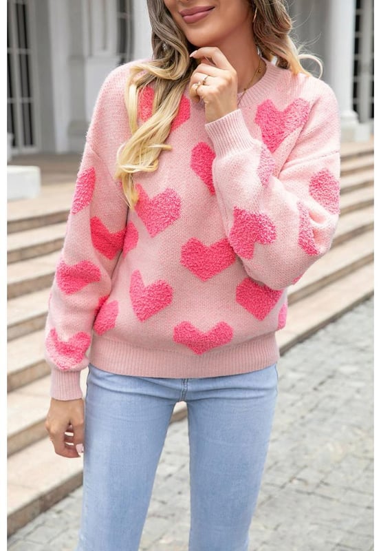 Light Pink Valentine?? Day Heart Jacquard Knit Sweater
  Made from high
  quality materials
  Soft comfortable and warm
  Jacquard knit pattern with a beautiful heart design
  Suitable for all genders
  Can be dressed up or down for any occasion