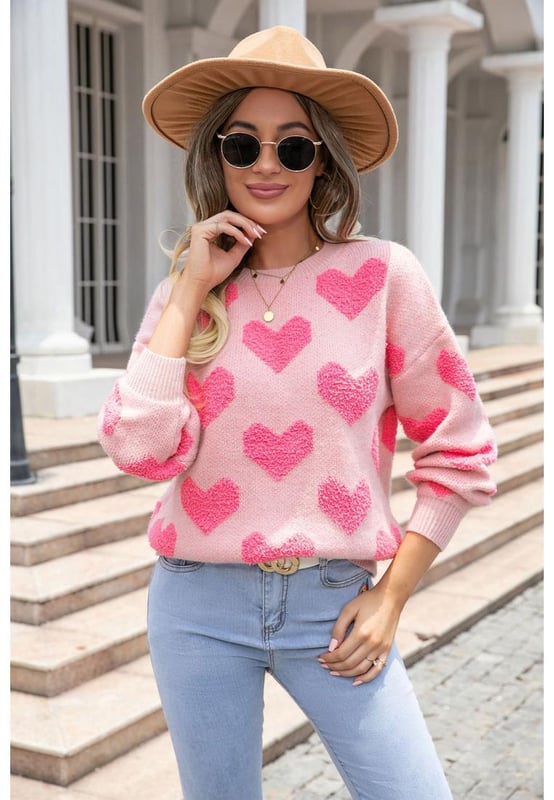 Light Pink Valentine?? Day Heart Jacquard Knit Sweater
  Made from high
  quality materials
  Soft comfortable and warm
  Jacquard knit pattern with a beautiful heart design
  Suitable for all genders
  Can be dressed up or down for any occasion