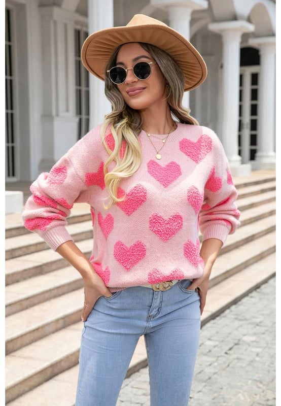 Light Pink Valentine?? Day Heart Jacquard Knit Sweater
  Made from high
  quality materials
  Soft comfortable and warm
  Jacquard knit pattern with a beautiful heart design
  Suitable for all genders
  Can be dressed up or down for any occasion