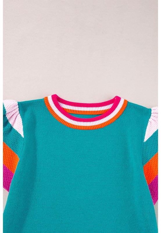 Nuestros estilos están diseñados con un look ajustado y moderno en mente, siguiendo un estándar de tallas internacional. Para el mejor ajuste, sugerimos elegir una talla más de la habitual. ¡Asegúrate de consultar nuestra tabla de tallas para encontrar tu coincidencia perfecta!
  Color turquesa
  Mangas femeninas con volantes
  Cuello de tripulación y mangas en contraste
  Estilo de ajuste relajado
  Adecuado para climas cálidos
  Material de punto
  Estilo chic para todas las estaciones