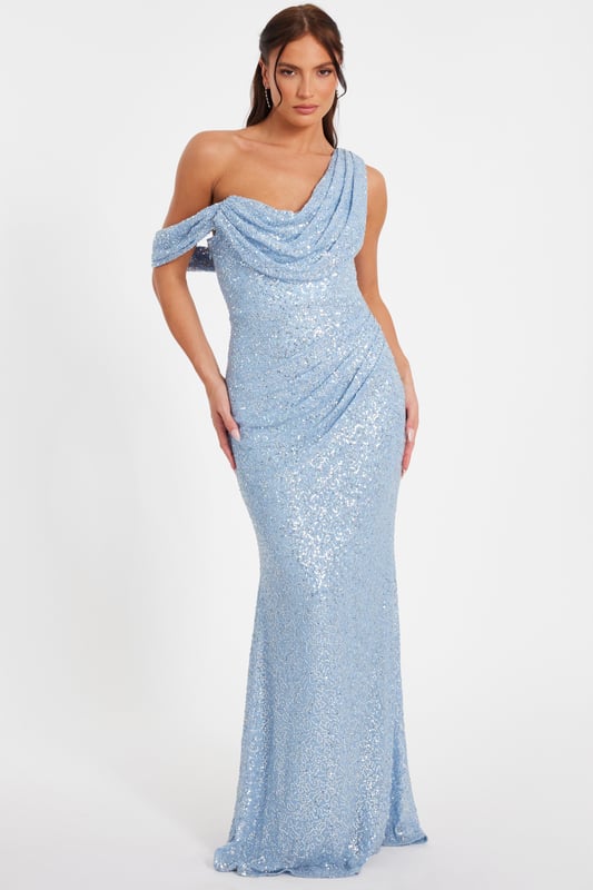 - Sequin finish - Cowl neckline - One shoulder - Cap sleeves - Model height: 5'6" - Model wears uk 8 / us 4 / eur 36 - Always check the care wash label - Cool hand wash with mild detergent