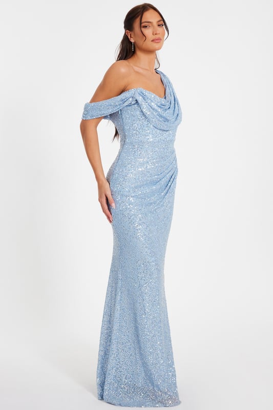 - Sequin finish - Cowl neckline - One shoulder - Cap sleeves - Model height: 5'6" - Model wears uk 8 / us 4 / eur 36 - Always check the care wash label - Cool hand wash with mild detergent