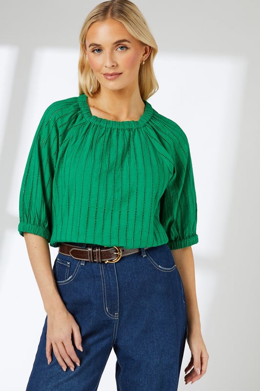 Elasticated neckline for a comfortable, gathered look
        Striking vertical stripe pattern adds visual interest
        Three-quarter length sleeves with subtle balloon shape
        Relaxed fit through the body for easy movement
        Versatile length suitable for tucking or wearing loose
    
    This charming blouse from Principles presents a perfect blend of comfort and style for your casual wardrobe. The elasticated neckline creates a soft, gathered effect that frames the face beautifully, while the vertical stripe pattern elongates the silhouette. The three-quarter length sleeves feature a subtle balloon shape, adding a touch of femininity to the overall design. For a chic daytime look, pair this blouse with wide-leg jeans and sandals, as shown in the image. Add a woven belt to cinch the waist and create definition. This versatile top is ideal for family gatherings, weekend brunches, or casual office days. Layer with a cardigan for cooler weather or wear on its own for a breezy, effortless style. The cotton fabric ensures breathability and ease of care, making this blouse a practical yet fashionable choice for your everyday rotation.