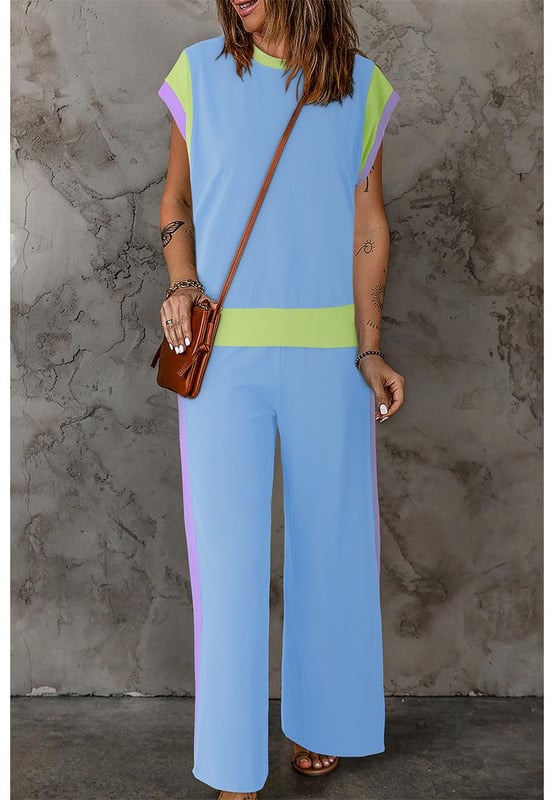Our styles are designed with a trendy fitted look in mind following an international size standard. For the best fit we suggest choosing one size up from your usual. Be sure to check our sizing chart to find your perfect match!
  Sky Blue Color Block Detail Casual Two
  piece Outfit
  Crew neck cap sleeve tee
  Crop wide leg pants
  Eye
  catching colorblock detail
  Loose fit adaptable to most body shapes
  Made from fine fabric for warm weather
Material: 95% Polyester 5% Elastane