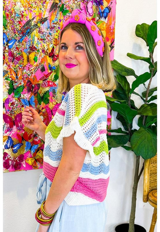 White Colorblock Crochet Knit Ruffled Short Sleeve Sweater Top
  Multicolor crochet detailing
  Ruffle sleeves design
  Lightweight and semi
  sheer knit fabric
  Versatile styling with shorts or skirts
  Sizes S M L and XL available
  Medium
  high level of elasticity
Material: 100% Viscose