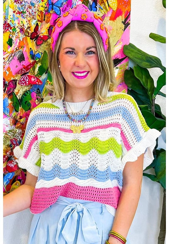 White Colorblock Crochet Knit Ruffled Short Sleeve Sweater Top
  Multicolor crochet detailing
  Ruffle sleeves design
  Lightweight and semi
  sheer knit fabric
  Versatile styling with shorts or skirts
  Sizes S M L and XL available
  Medium
  high level of elasticity
Material: 100% Viscose
