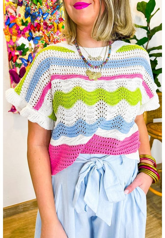 White Colorblock Crochet Knit Ruffled Short Sleeve Sweater Top
  Multicolor crochet detailing
  Ruffle sleeves design
  Lightweight and semi
  sheer knit fabric
  Versatile styling with shorts or skirts
  Sizes S M L and XL available
  Medium
  high level of elasticity
Material: 100% Viscose