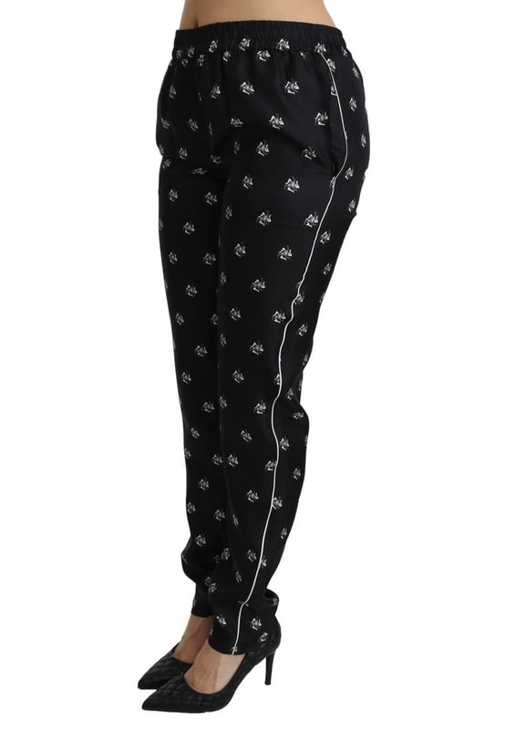 Merk: Dolce & Gabbana
  Conditie: Gloednieuw met tags
  Authenticiteit: 100% authentiek
  Stijl: Skinny broek met middelhoge taille
  Pasvorm: Slim fit
  Materiaal: 100% Zijde
  Kleur: Zwart gedrukt
  Details van het logo
  Herkomst: Gemaakt in Italie