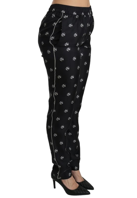 Merk: Dolce & Gabbana
  Conditie: Gloednieuw met tags
  Authenticiteit: 100% authentiek
  Stijl: Skinny broek met middelhoge taille
  Pasvorm: Slim fit
  Materiaal: 100% Zijde
  Kleur: Zwart gedrukt
  Details van het logo
  Herkomst: Gemaakt in Italie