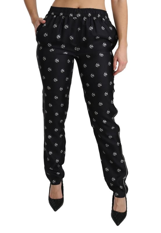 Merk: Dolce & Gabbana
  Conditie: Gloednieuw met tags
  Authenticiteit: 100% authentiek
  Stijl: Skinny broek met middelhoge taille
  Pasvorm: Slim fit
  Materiaal: 100% Zijde
  Kleur: Zwart gedrukt
  Details van het logo
  Herkomst: Gemaakt in Italie