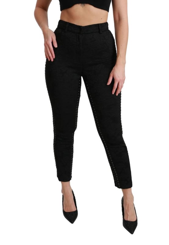 Merk: Dolce & Gabbana
  Conditie: Gloednieuw met tags
  Authenticiteit: 100% authentiek
  Model: Skinny broek met hoge taille
  Materiaal: 50% polyester 23% acetaat 15% viscose 10% zijde 2% elastaan
  Kleur: Zwart brokaat
  Gulp: Rits
  en knoopsluit