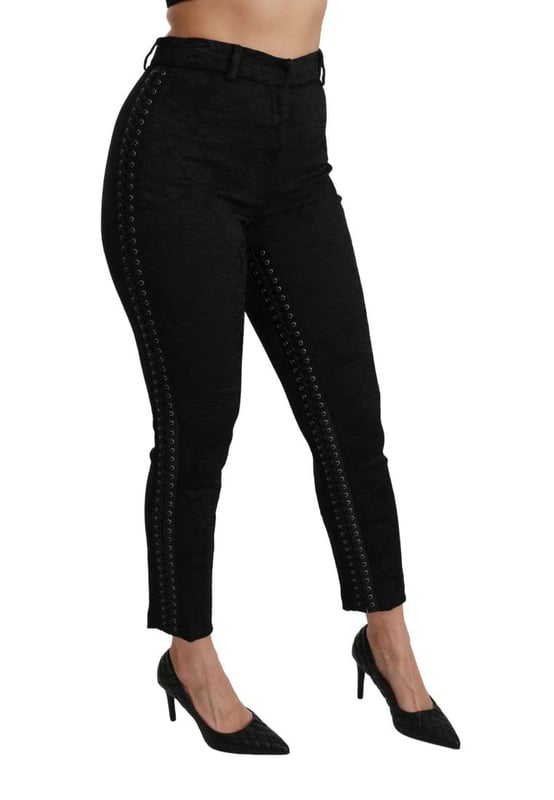 Merk: Dolce & Gabbana
  Conditie: Gloednieuw met tags
  Authenticiteit: 100% authentiek
  Model: Skinny broek met hoge taille
  Materiaal: 50% polyester 23% acetaat 15% viscose 10% zijde 2% elastaan
  Kleur: Zwart brokaat
  Gulp: Rits
  en knoopsluit