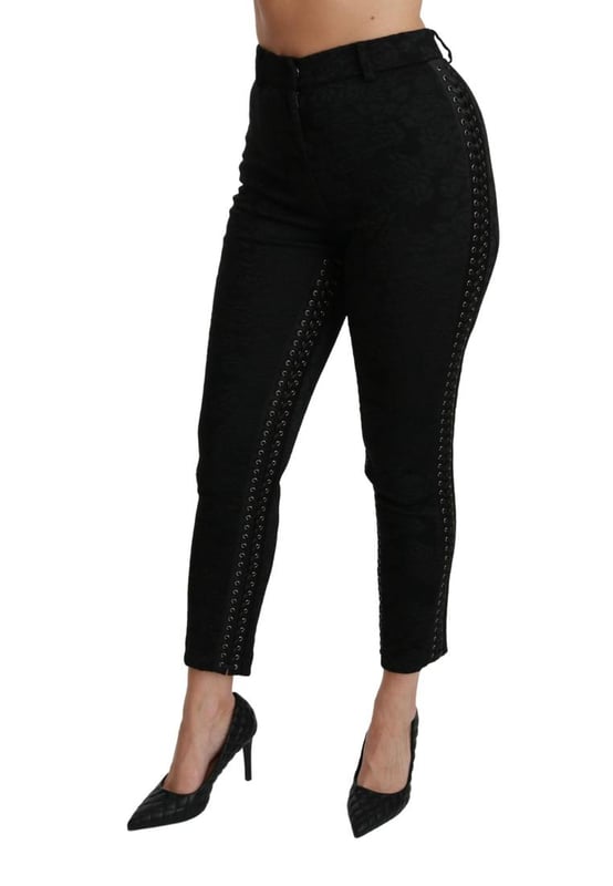 Merk: Dolce & Gabbana
  Conditie: Gloednieuw met tags
  Authenticiteit: 100% authentiek
  Model: Skinny broek met hoge taille
  Materiaal: 50% polyester 23% acetaat 15% viscose 10% zijde 2% elastaan
  Kleur: Zwart brokaat
  Gulp: Rits
  en knoopsluit