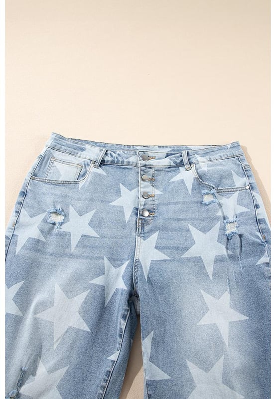 Stylish star printed design for a trendy look
  Multiple buttons add unique detail to the jeans
  Slit knee and destroyed design for a bold statement
  Perfect for combining with a variety of tops and shoes
  Available in plus sizes
Material: 72% Cotton 26% Polyester 2% Elastane