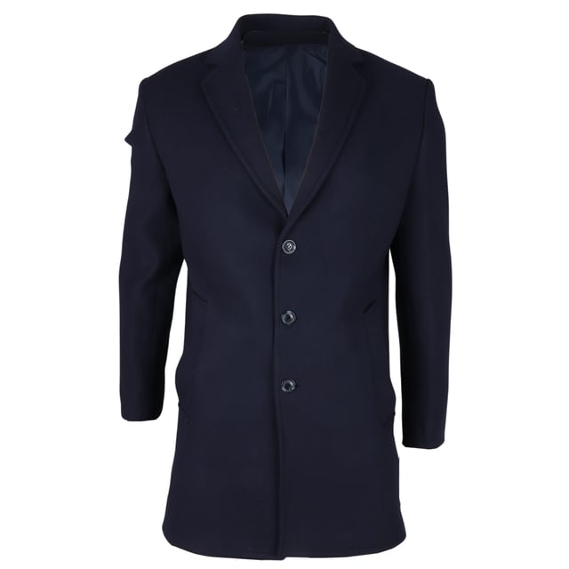 Abrigo de mezcla de lana azul marino con cuello de solapa con muesca para hombre Entra en las estaciones más frías con confianza en este clásico abrigo de mezcla de lana, diseñado para combinar la elegancia atemporal con la sastrería moderna. Confeccionado con una mezcla de lana y licra de alta calidad, ofrece calidez y durabilidad. El cuello de solapa con muesca añade un toque refinado y profesional, mientras que el cierre tradicional de 3 botones garantiza un ajuste seguro y elegante. Con una silueta entallada que favorece sin restringir el movimiento, este abrigo es ideal tanto para ocasiones formales como para el uso diario sofisticado. Cierre clásico de 3 botones: Cierre tradicional para un acabado seguro y elegante. Ajuste entallado: Proporciona una silueta elegante y estructurada con una comodidad duradera. Cuello de solapa con muesca: Añade un toque de sofisticación y versatilidad. Tejido de mezcla de lana: Hecho de 65 % lana y 35 % licra para mayor calidez y resistencia. Composición del material: 65 % lana, 35 % licra.