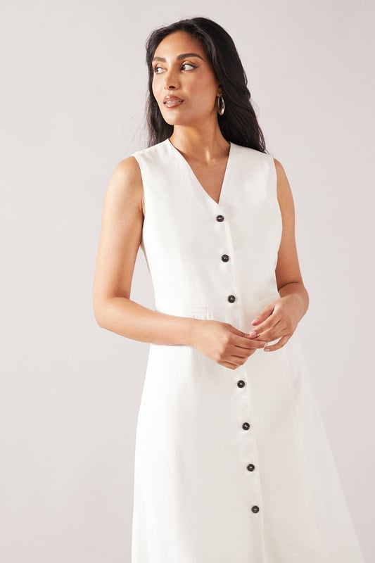 Petite Viscose Mix Sleeveless Button Midi Dress